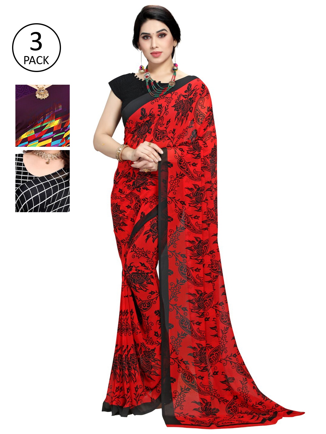 

KALINI Pack Of 3 Poly Georgette Printed Sarees, Purple
