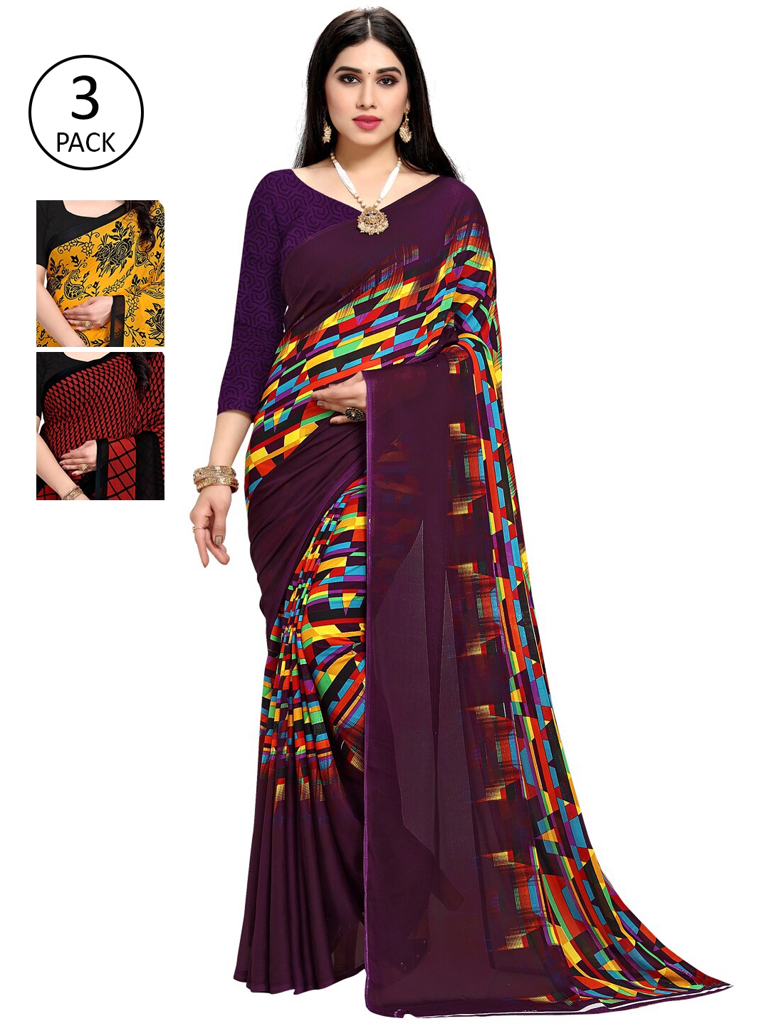 

KALINI Pack Of 3 Printed Sarees, Purple
