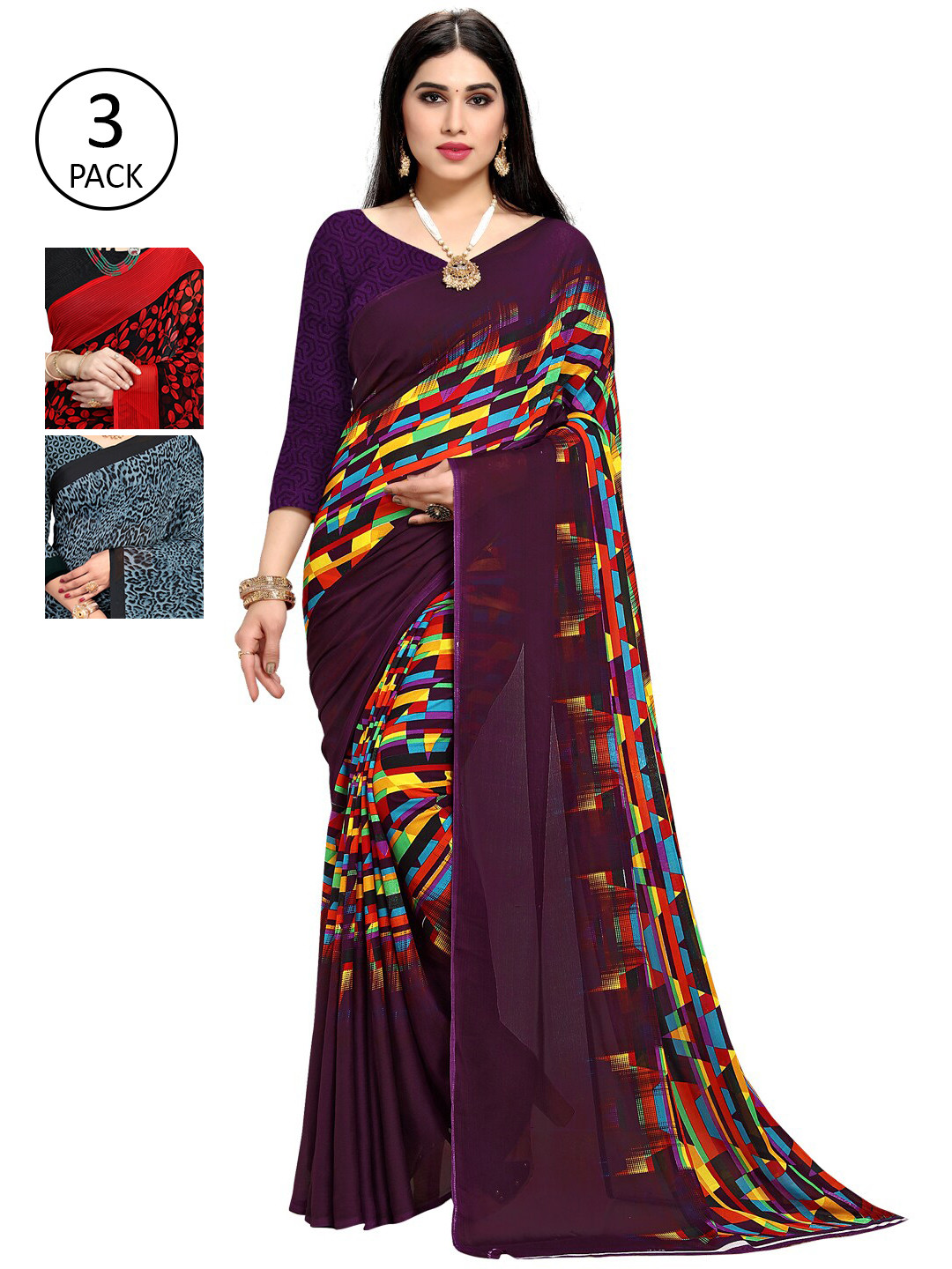 

KALINI Pack Of 3 Printed Sarees, Purple