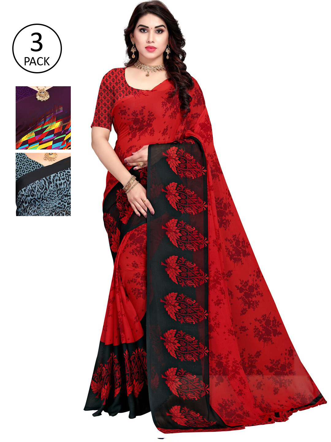 

KALINI Pack Of 3 Printed Sarees, Purple