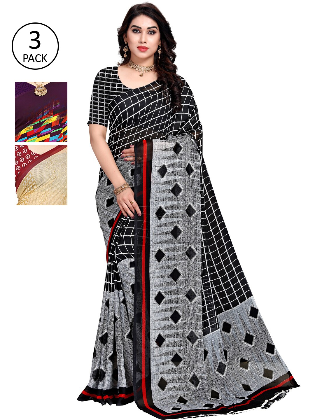 

KALINI Pack Of 3 Printed Saree, Grey