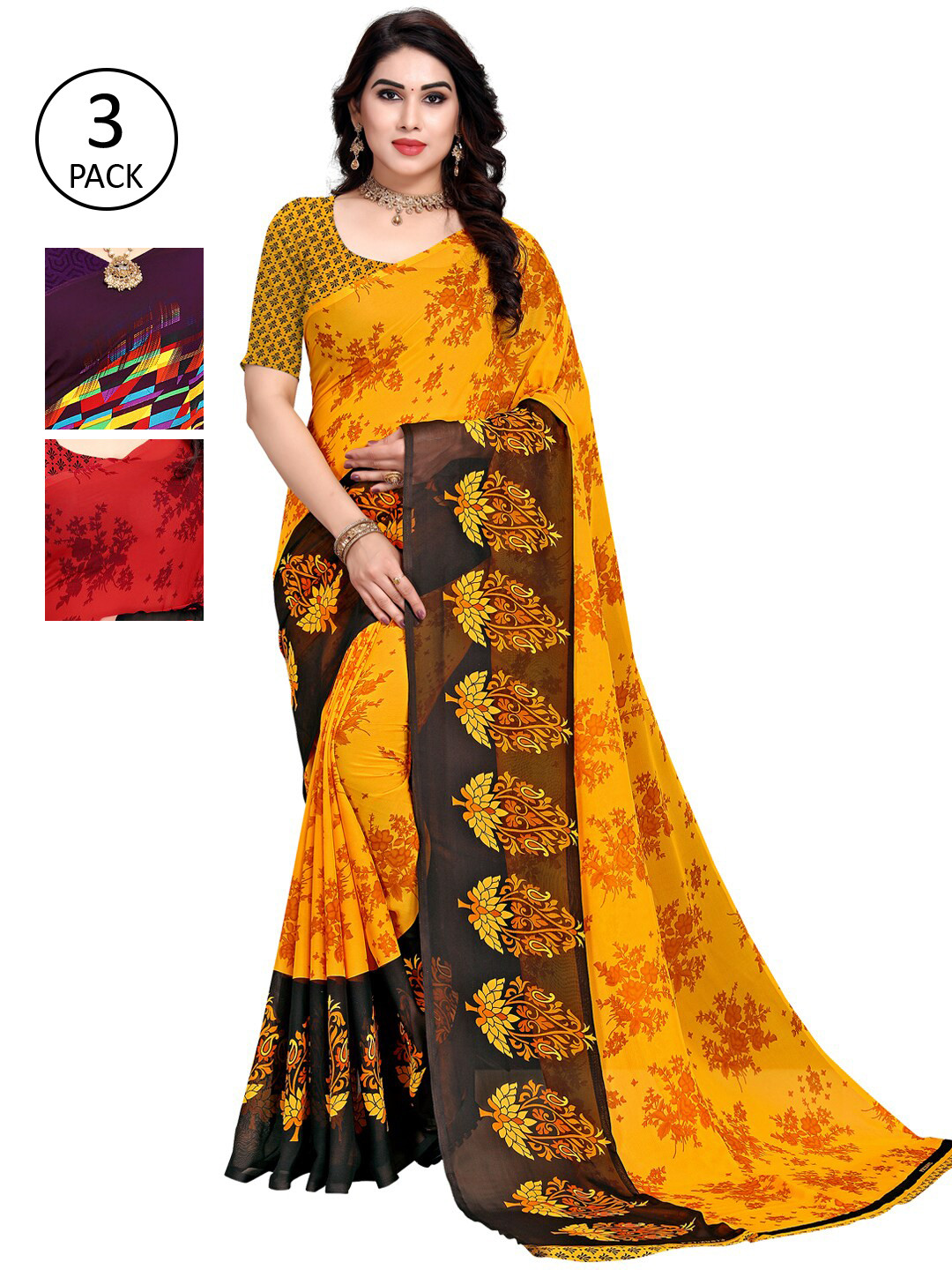 

KALINI Pack Of 3 Multicoloured Printed Sarees, Yellow