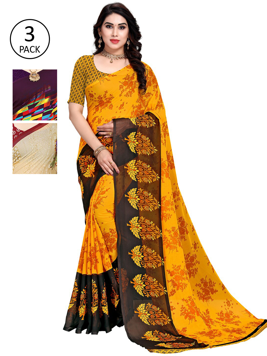 

KALINI Pack Of 3 Printed Saree, Yellow
