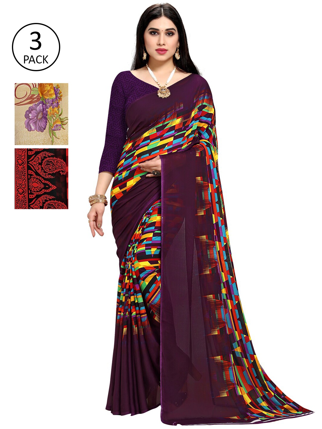 

KALINI Pack Of 3 Multicoloured Printed Sarees, Multi