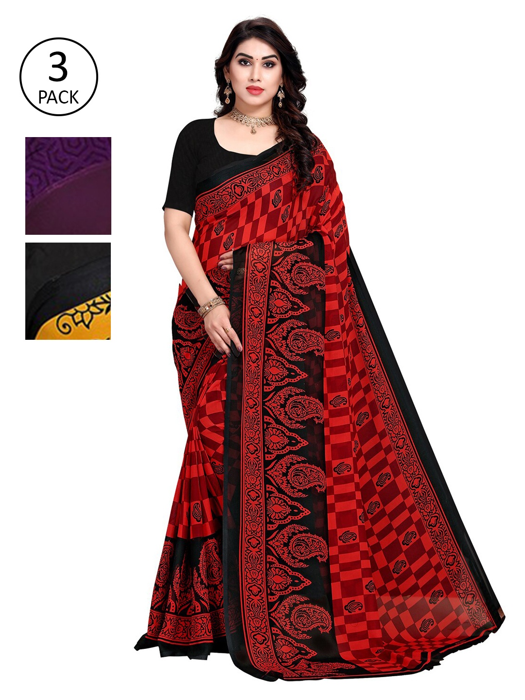 

KALINI Pack of 3 Printed Sarees, Purple