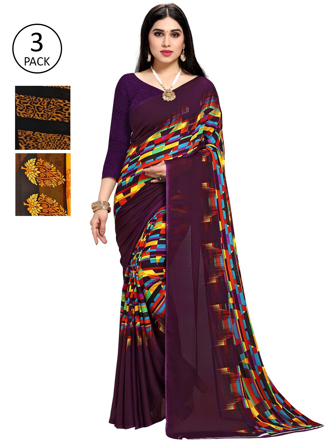 

KALINI Pack of 3 Printed Sarees, Yellow