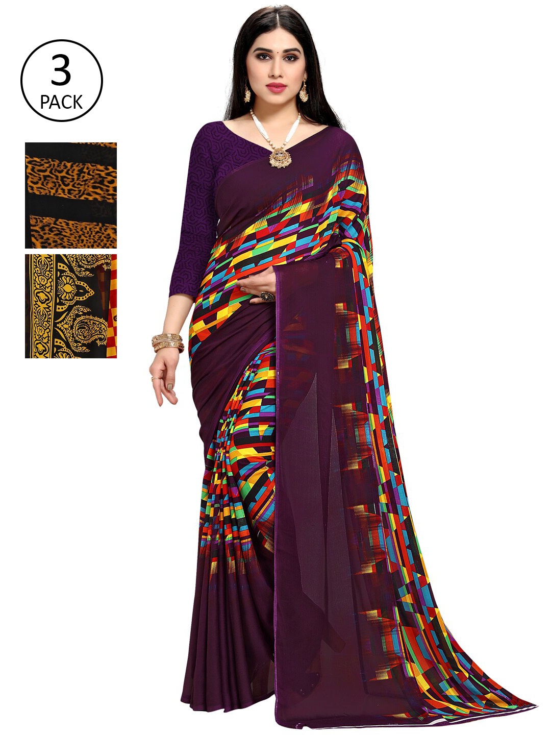 

KALINI Pack Of 3 Printed Sarees, Purple