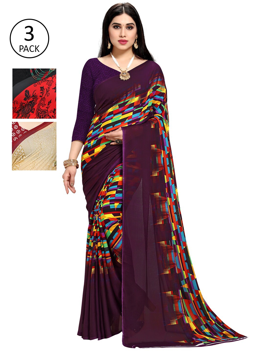

KALINI Pack Of 3 Multicoloured Printed Sarees, Red