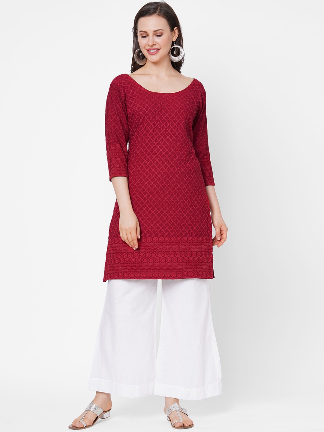 

RedRound Women Red Geometric Chikankari Kurta
