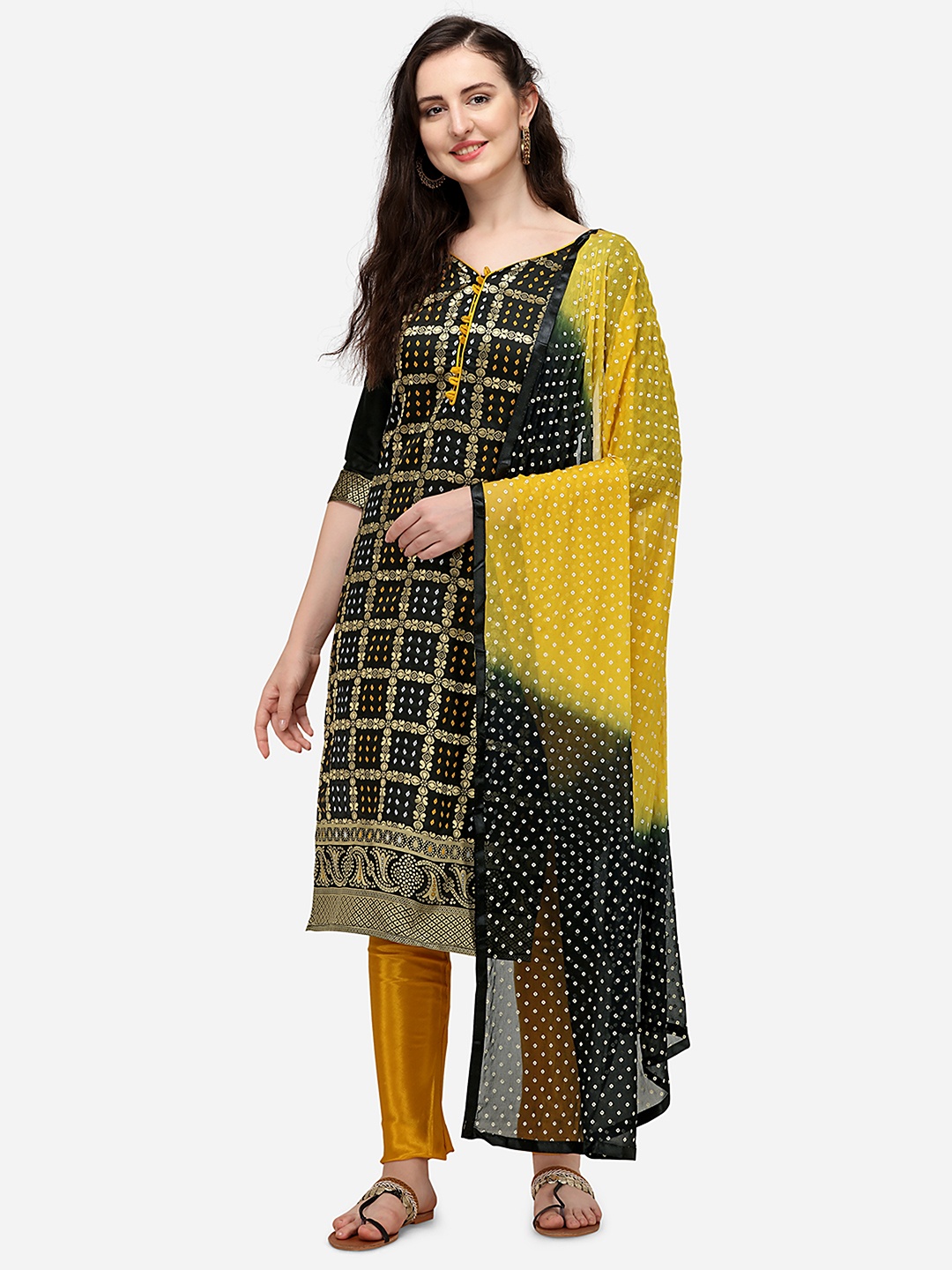 

RAJGRANTH Black & Yellow Unstitched Dress Material