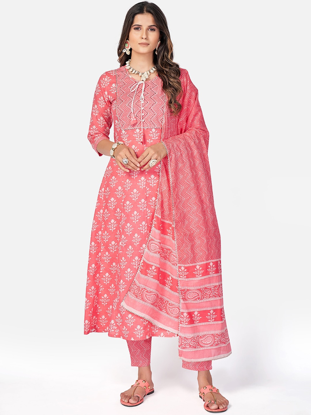 

Vbuyz Women Pink Pure Cotton Anarkali Kurta with Trousers & Dupatta