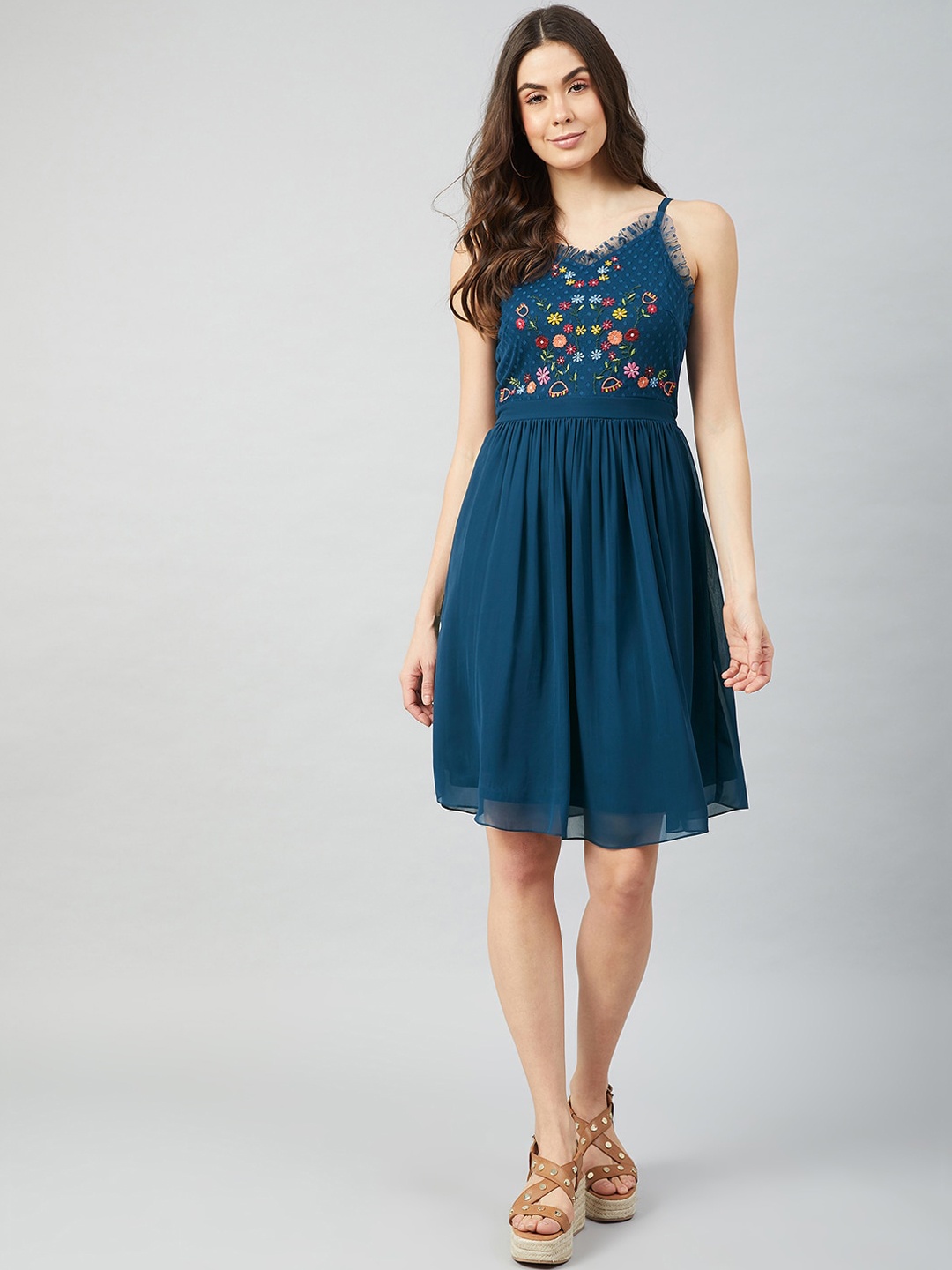 

Athena Teal Blue Floral Embroidered Shoulder Straps Georgette Fit and Flare Dress