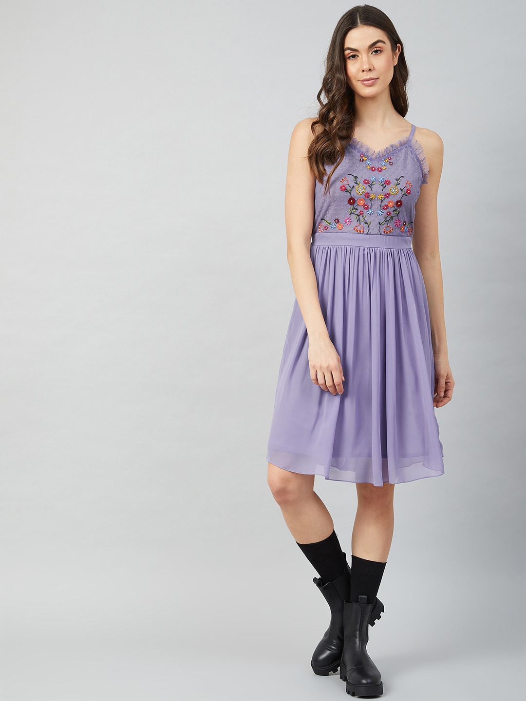Athena Women Purple Floral Embroidered Georgette Midi Dress