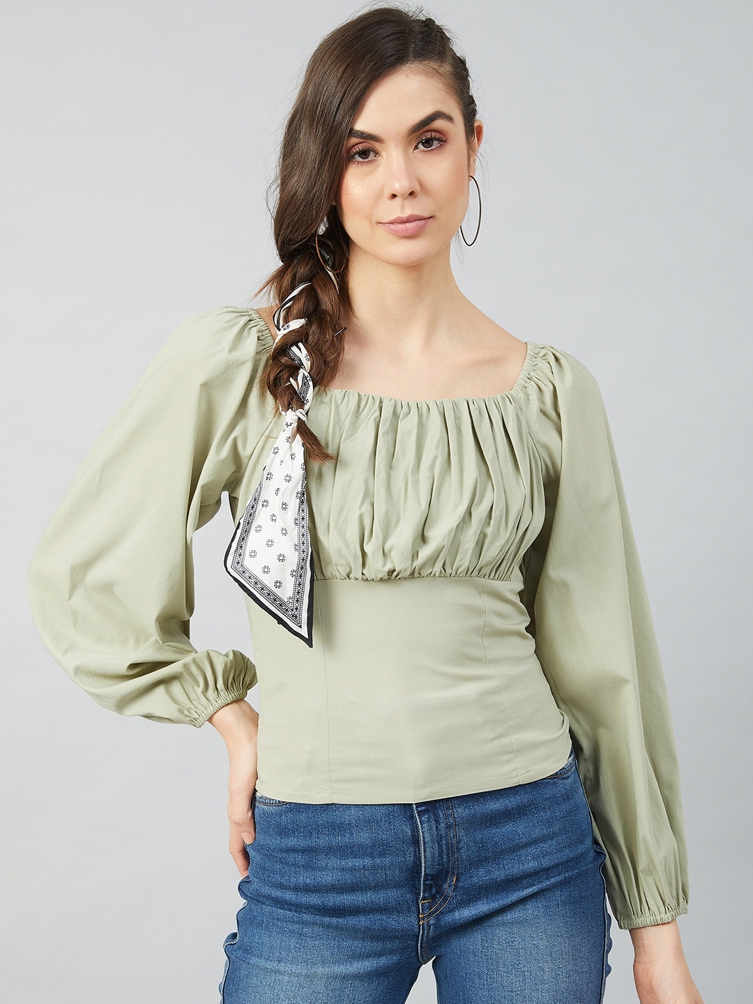 

Athena Olive Green Puff Sleeve Regular Top