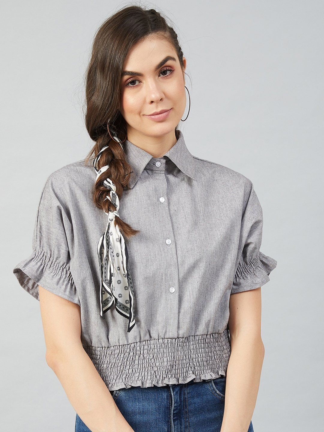 

Athena Grey Extended Sleeves Smocked Chambray Shirt Style Top