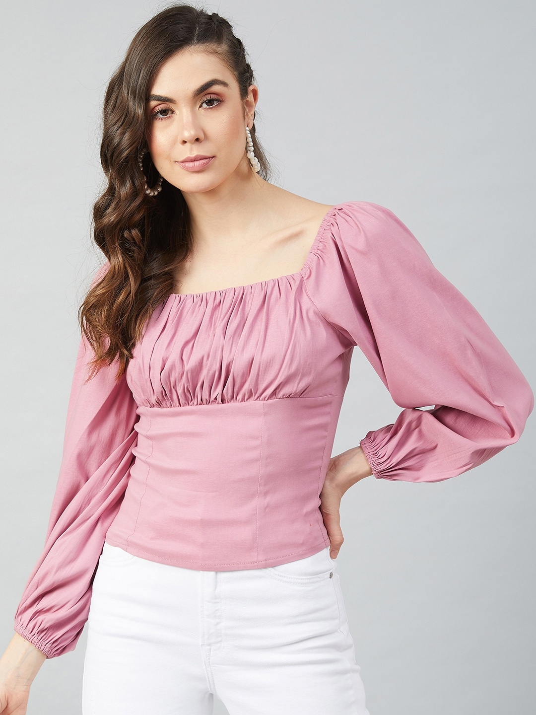 

Athena Pink Puff Sleeve Ruched Fitted Top