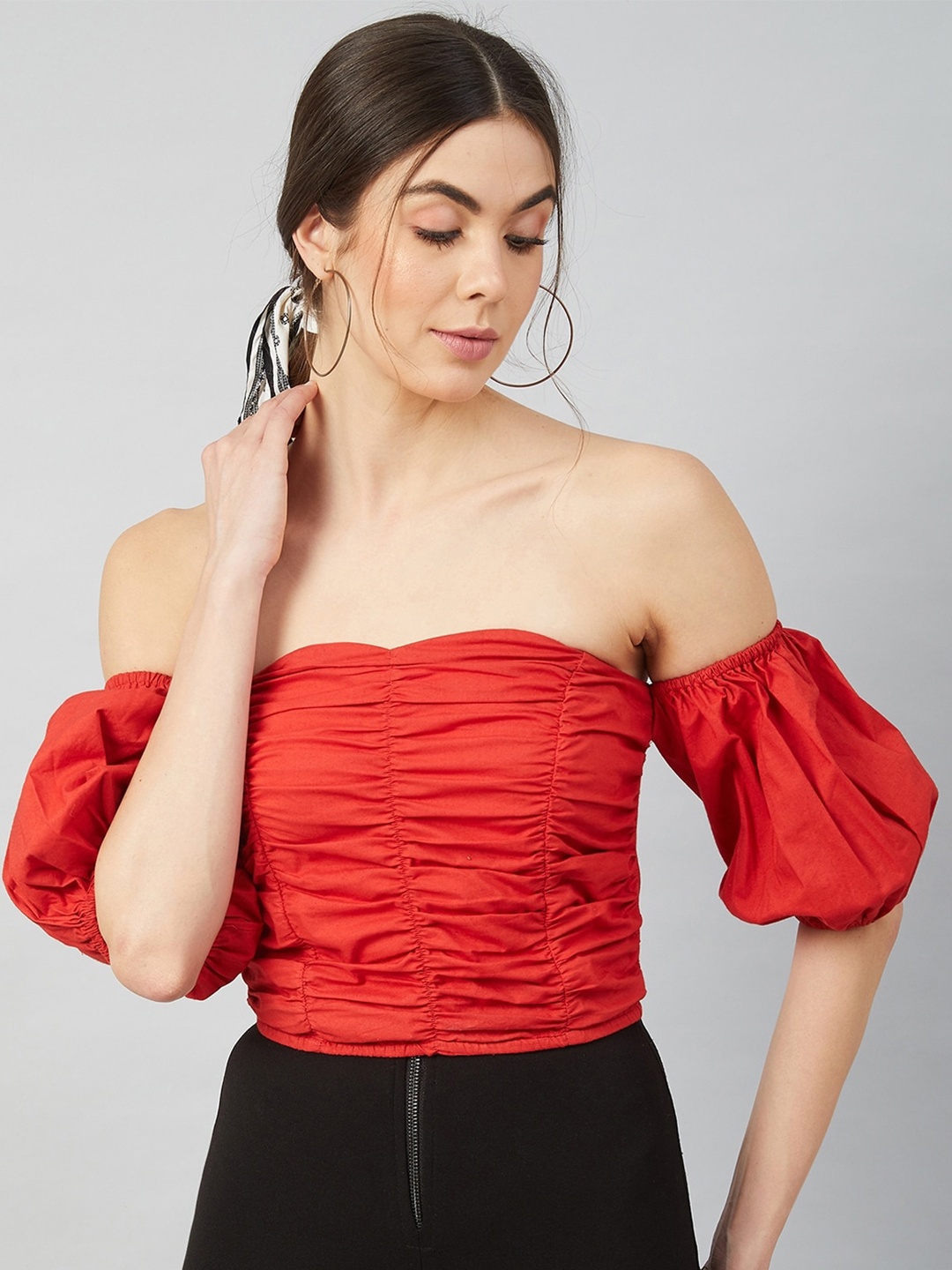

Athena Women Red Ruched Pure Cotton Crop Bardot Top