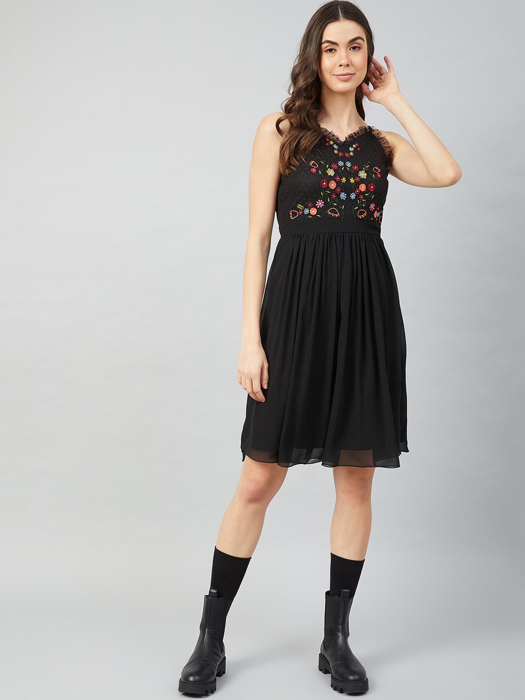 

Athena Black Floral Embroidered Shoulder Straps Georgette Fit and Flare Dress