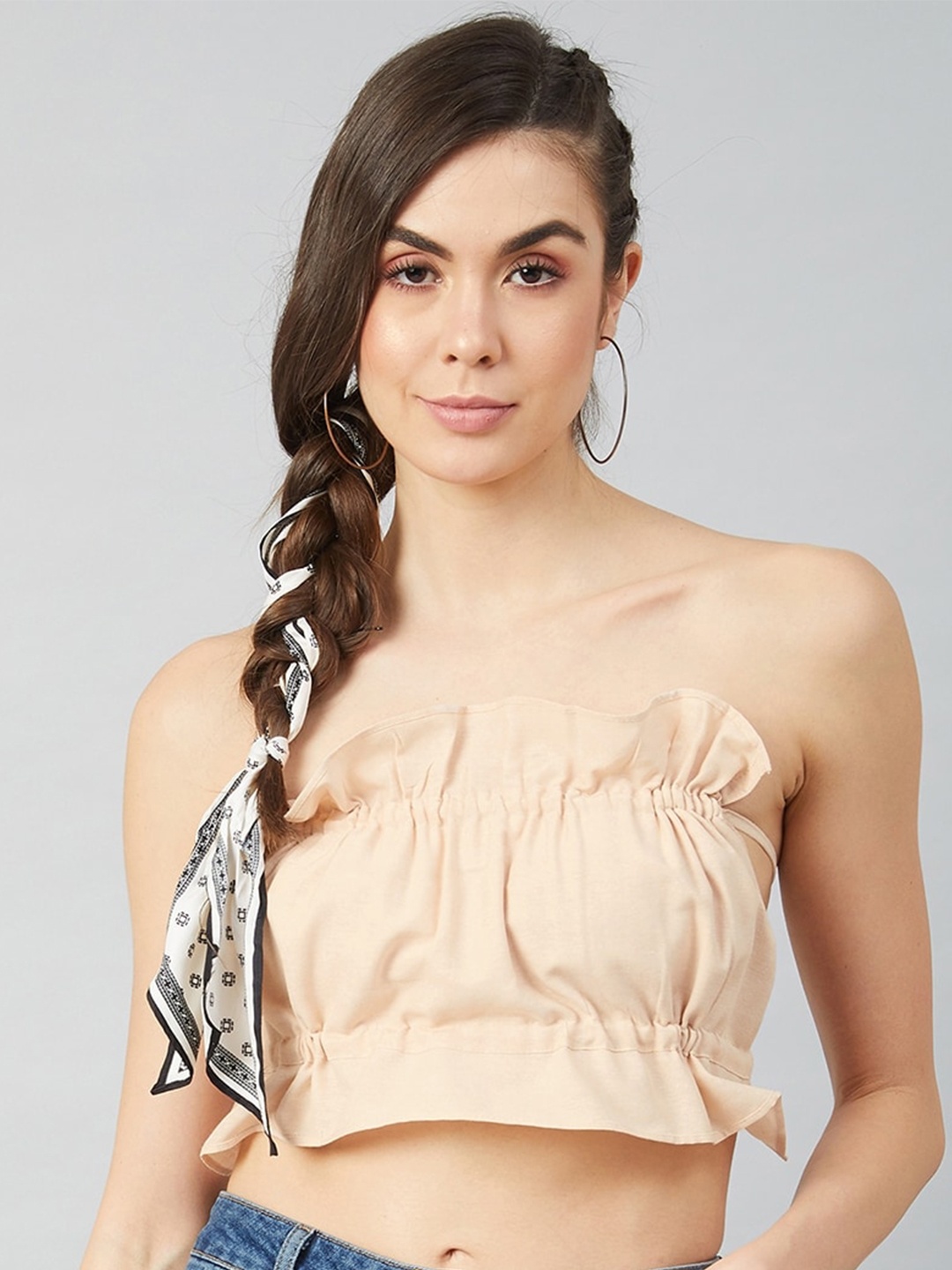 

Athena Women Beige Ruched Tube Crop Top
