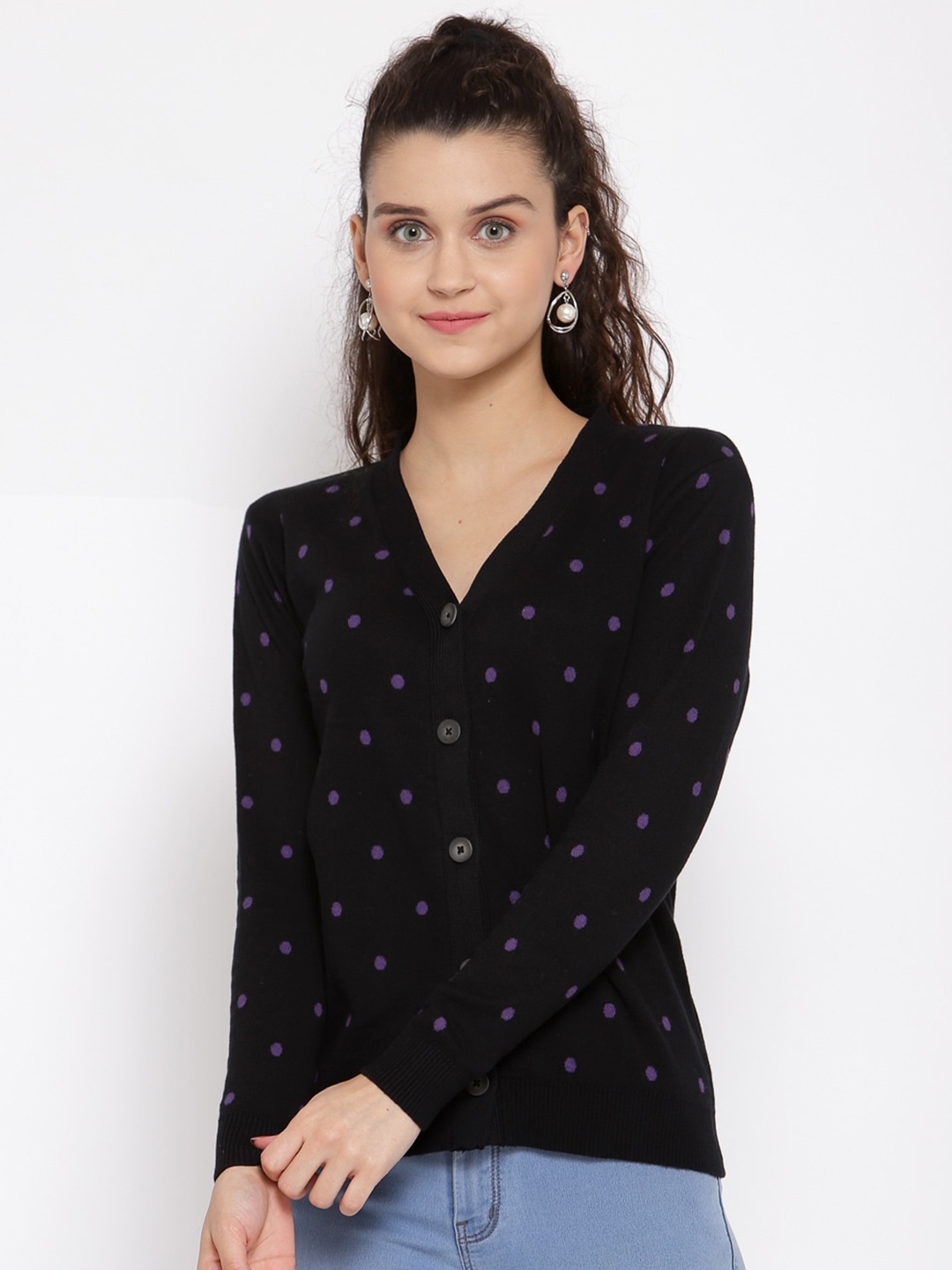 

Kalt Women Black & Purple Printed Cardigan