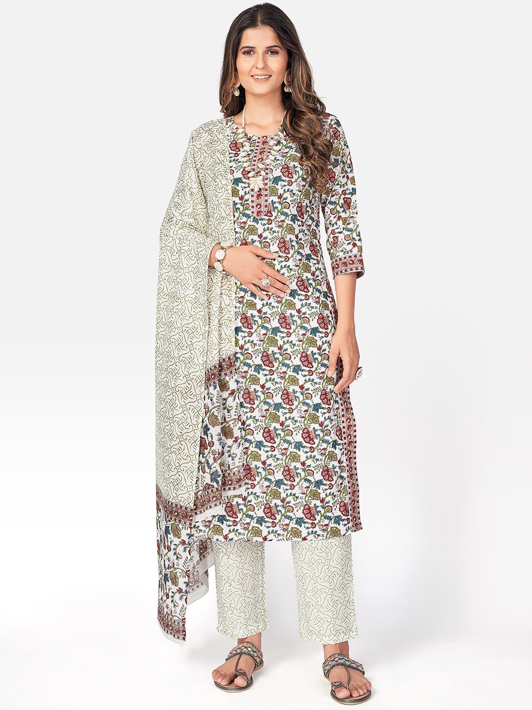 

Vbuyz Women White Ethnic Motifs Printed Pure Cotton Kurta with Trousers & Dupatta