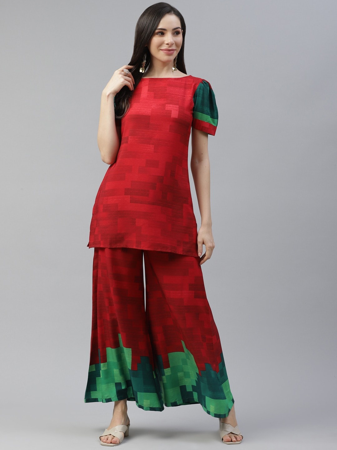 

Cottinfab Women Red Striped Panelled Kurta with Sharara
