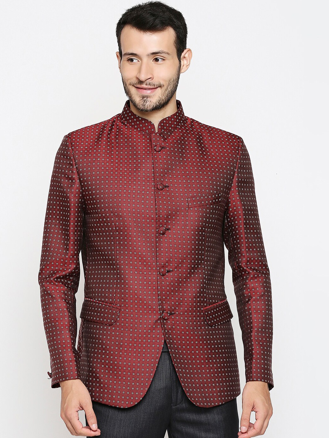 

Blacksmith Men Maroon & White Self-Design Mandarin Collar Formal Blazer