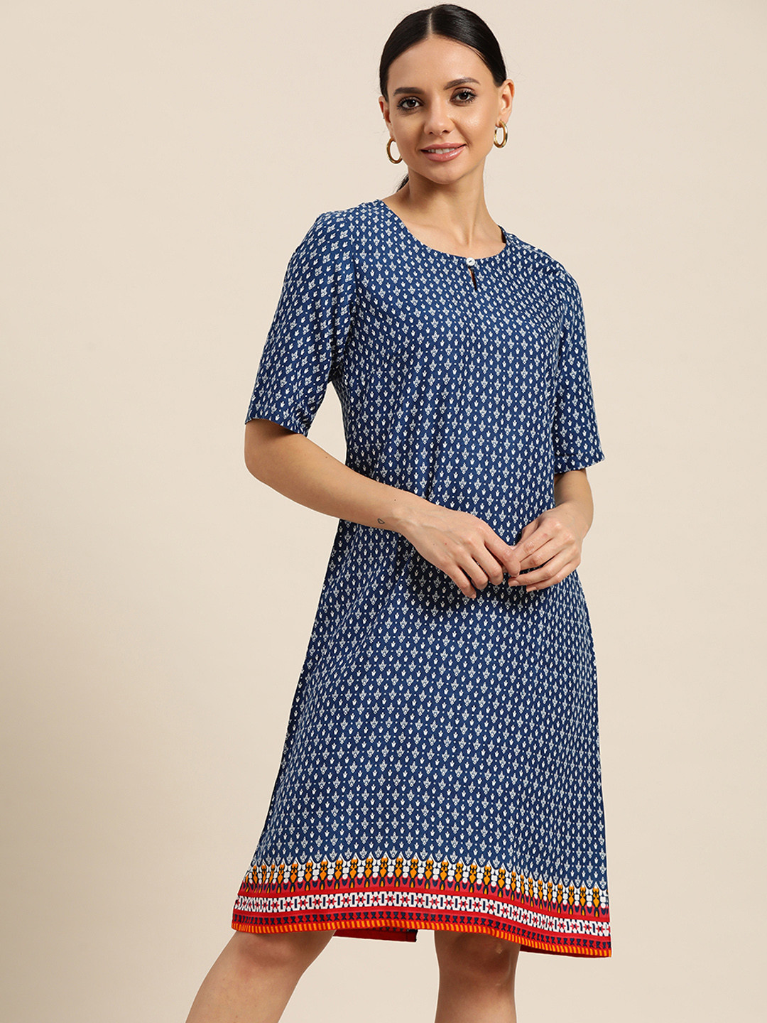 

Sangria Blue & Off White Ethnic Motifs Print Keyhole Neck A-Line Dress