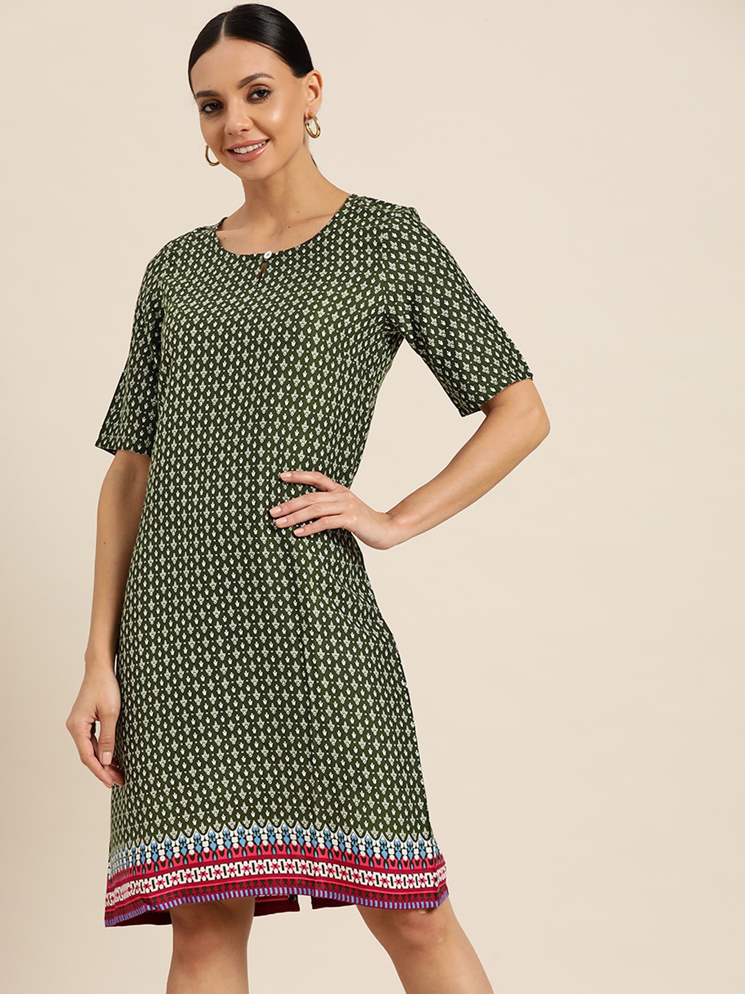 

Sangria Green & Off White Ethnic Motifs Print Keyhole Neck A-Line Dress