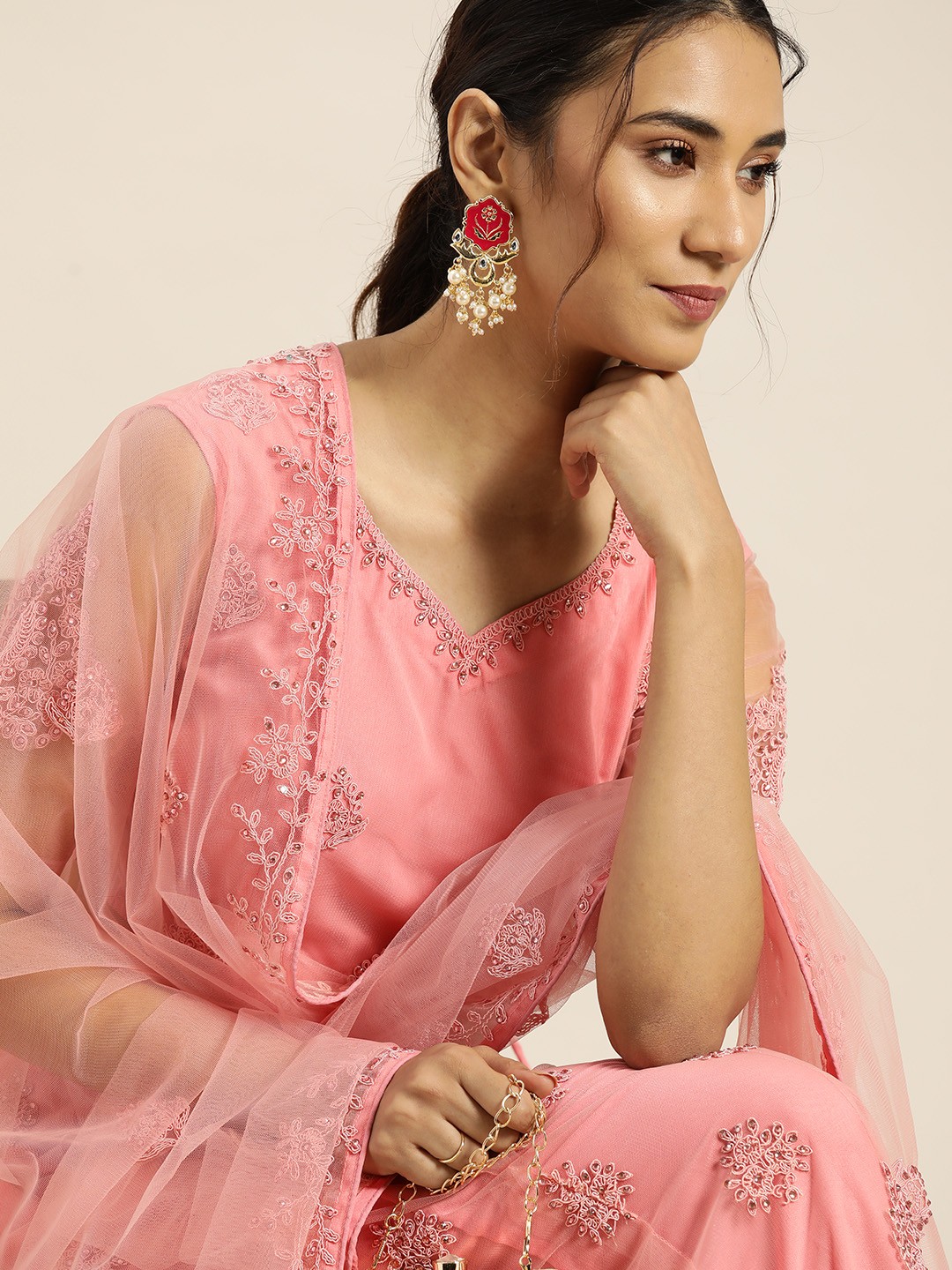 

Sangria Pink Embroidered Beads and Stones Semi-Stitched Lehenga & Unstitched Blouse With Dupatta