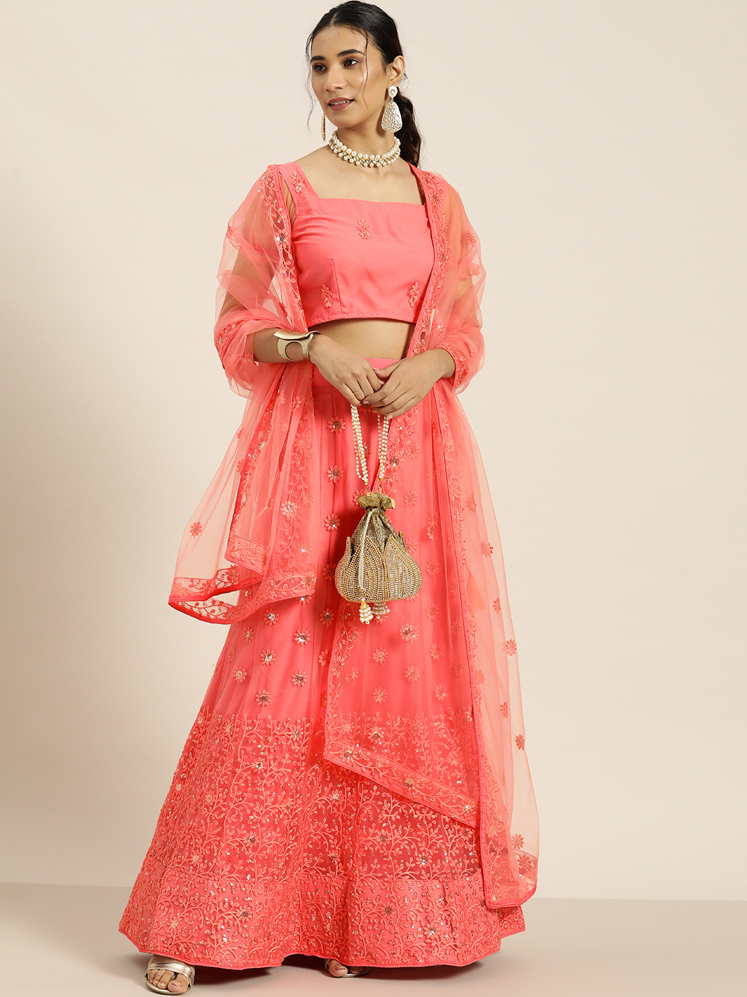 

Sangria Peach-Coloured Embroidered Beads and Stones Semi-Stitched Lehenga & Unstitched Blouse With Dupatta