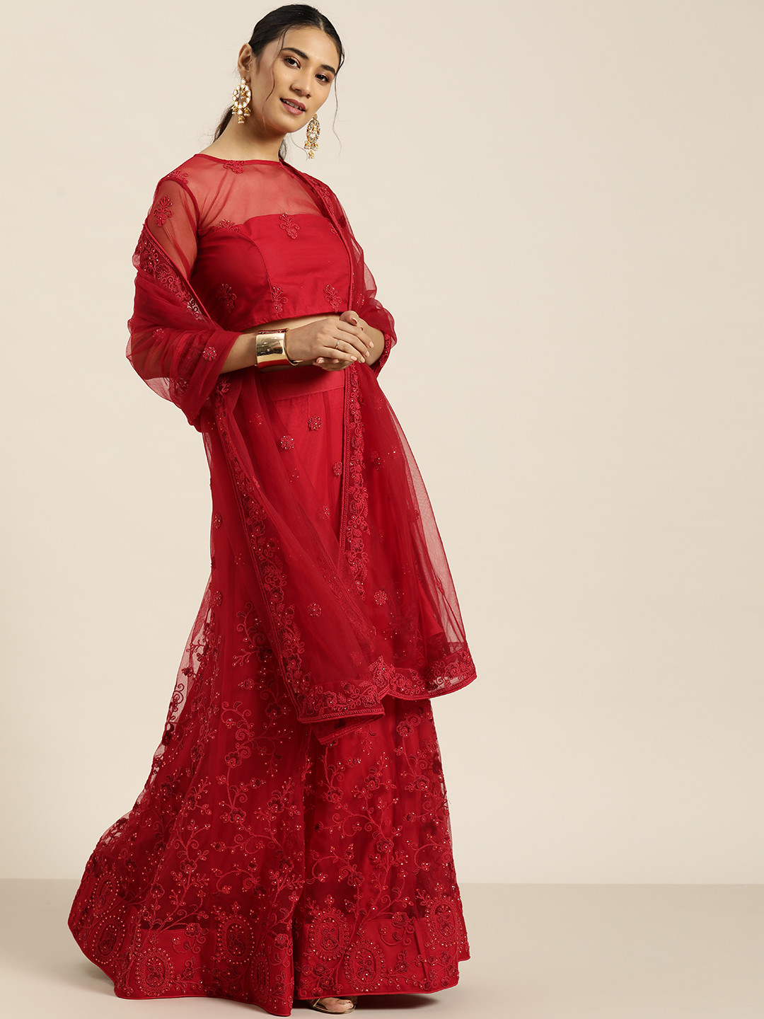 

Sangria Red Embroidered Beads and Stones Semi-Stitched Lehenga & Blouse With Dupatta