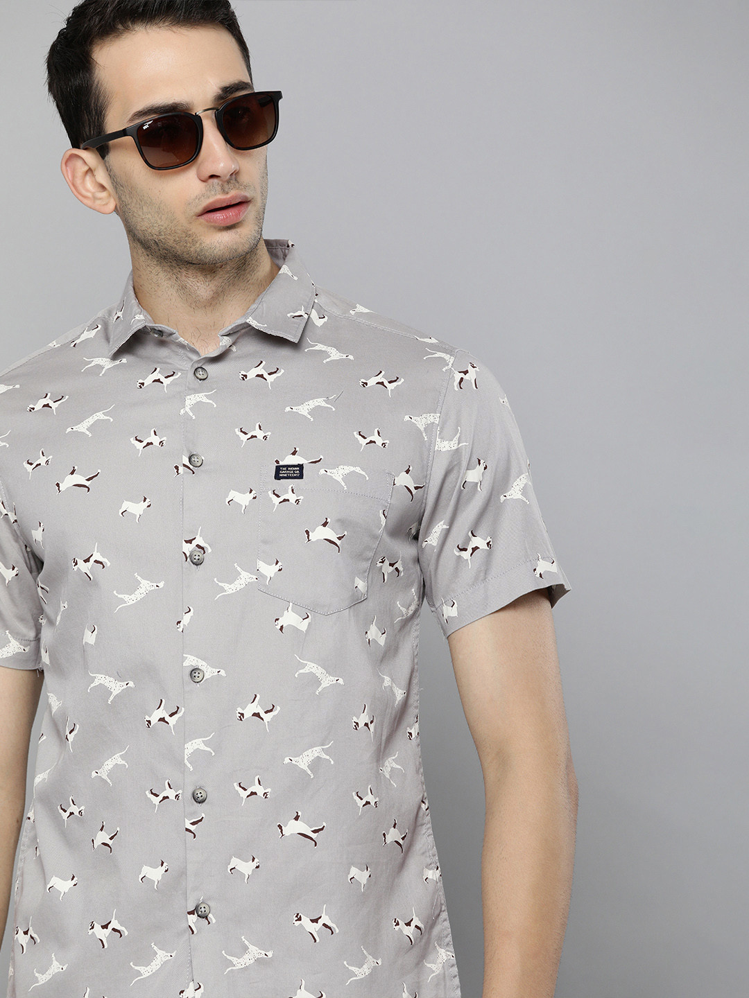

The Indian Garage Co Men Grey Slim Fit Printed Casual Shirt