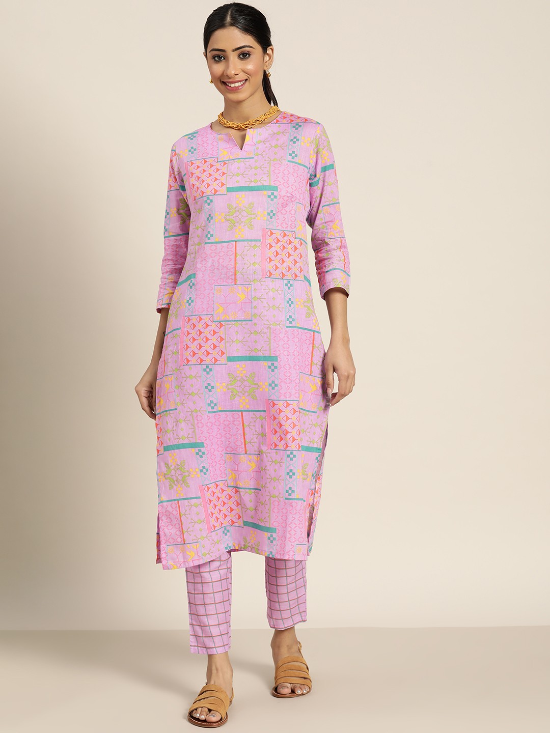 

Sangria Women Purple & Green Ethnic Motifs Printed Pure Cotton Kurta with Trousers
