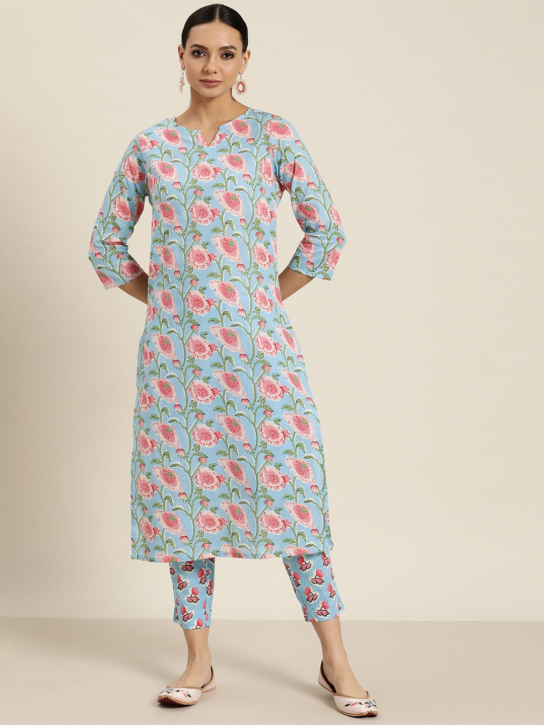 

Sangria Women Blue & Pink Ethnic Motifs Printed Pure Cotton Kurta with Trousers