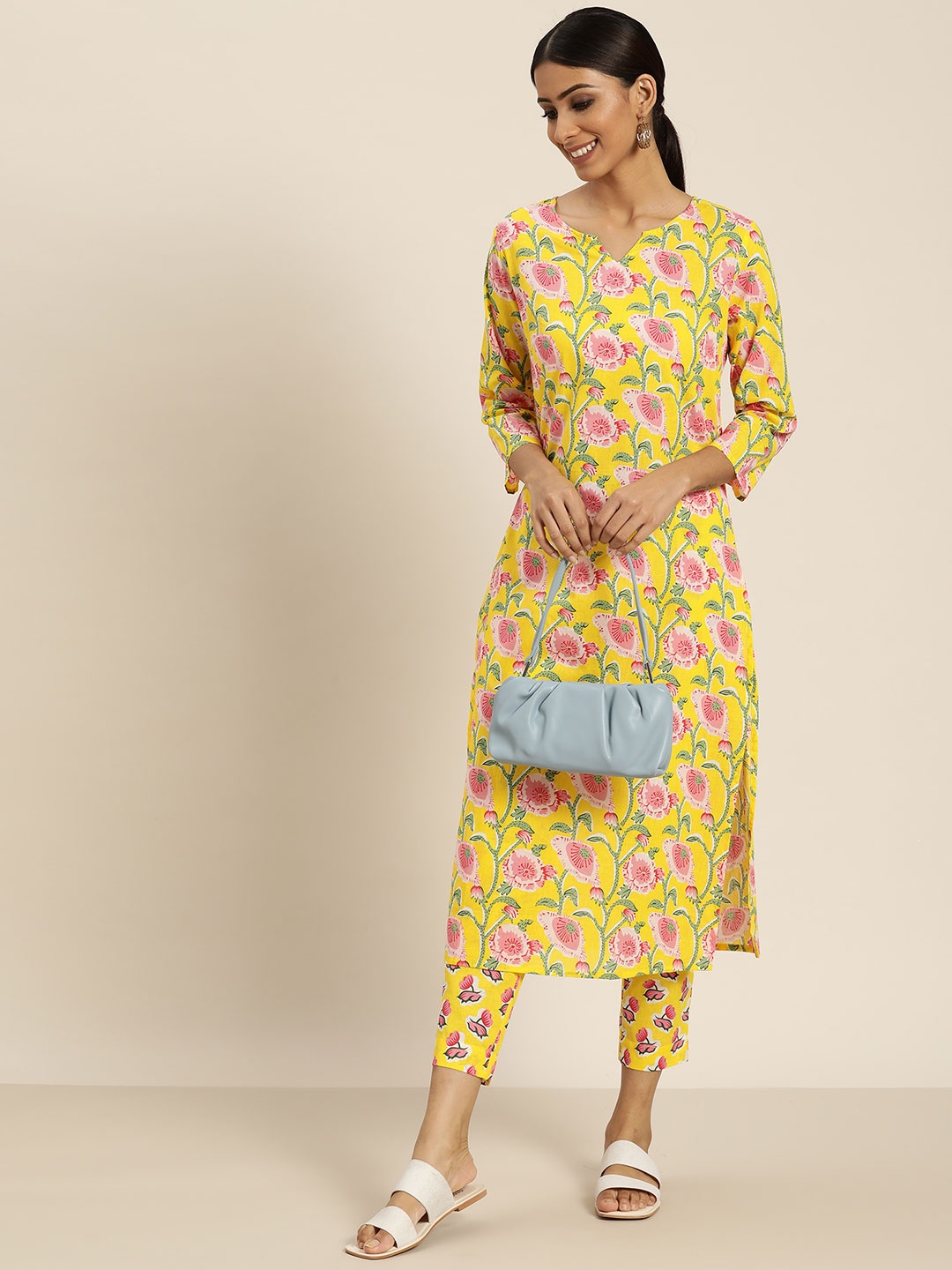 

Sangria Women Yellow & Pink Ethnic Motifs Printed Pure Cotton Kurta with Trousers