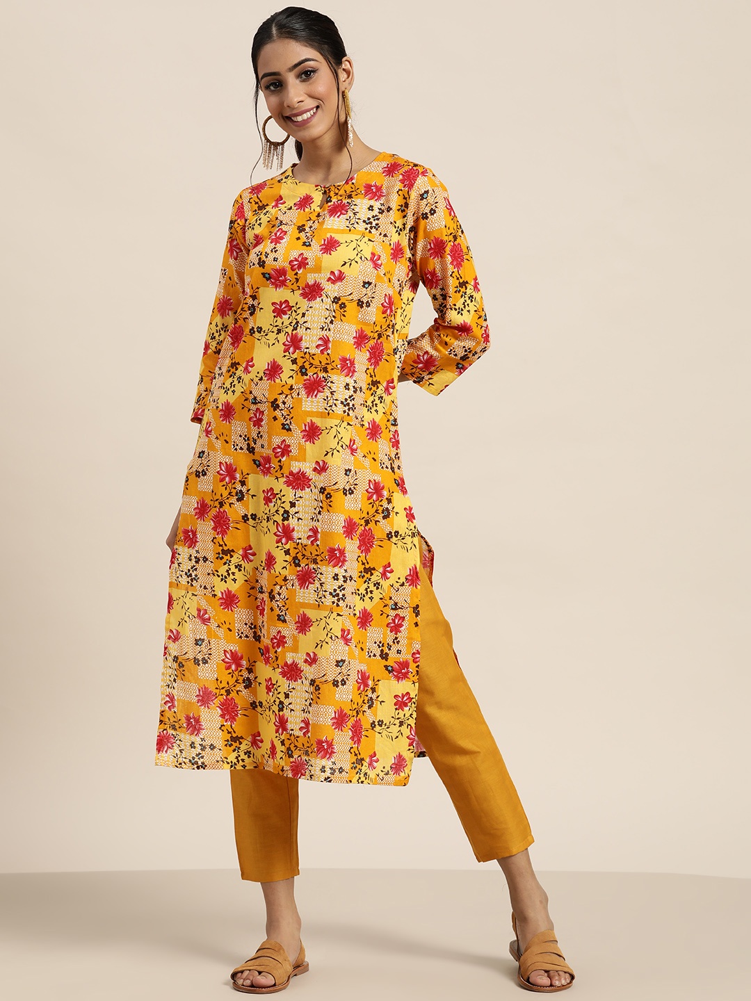 

Sangria Women Mustard Yellow Pure Cotton Floral Print Straight Kurta with Trousers
