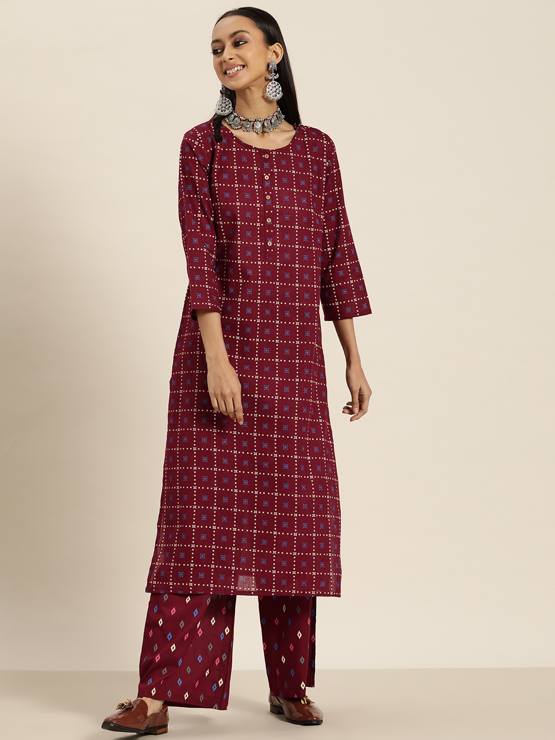 

Sangria Women Maroon Printed Regular Pure Cotton Kurta with Palazzos