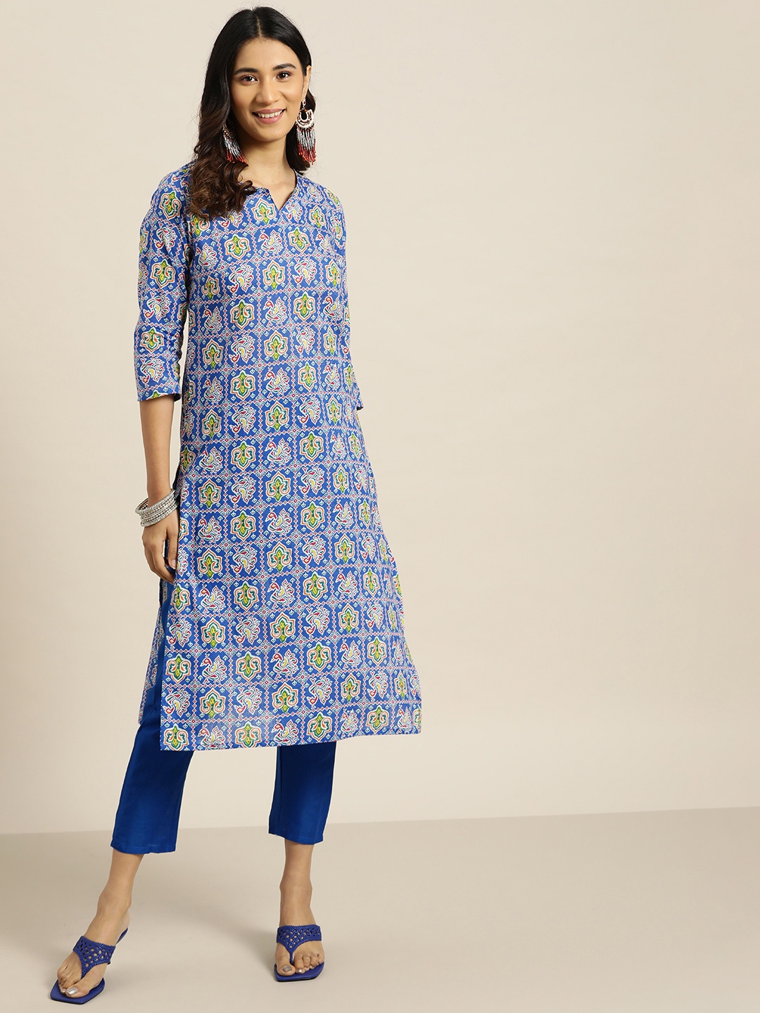 

Sangria Women Blue & Green Ethnic Motifs Printed Pure Cotton Kurta with Trousers