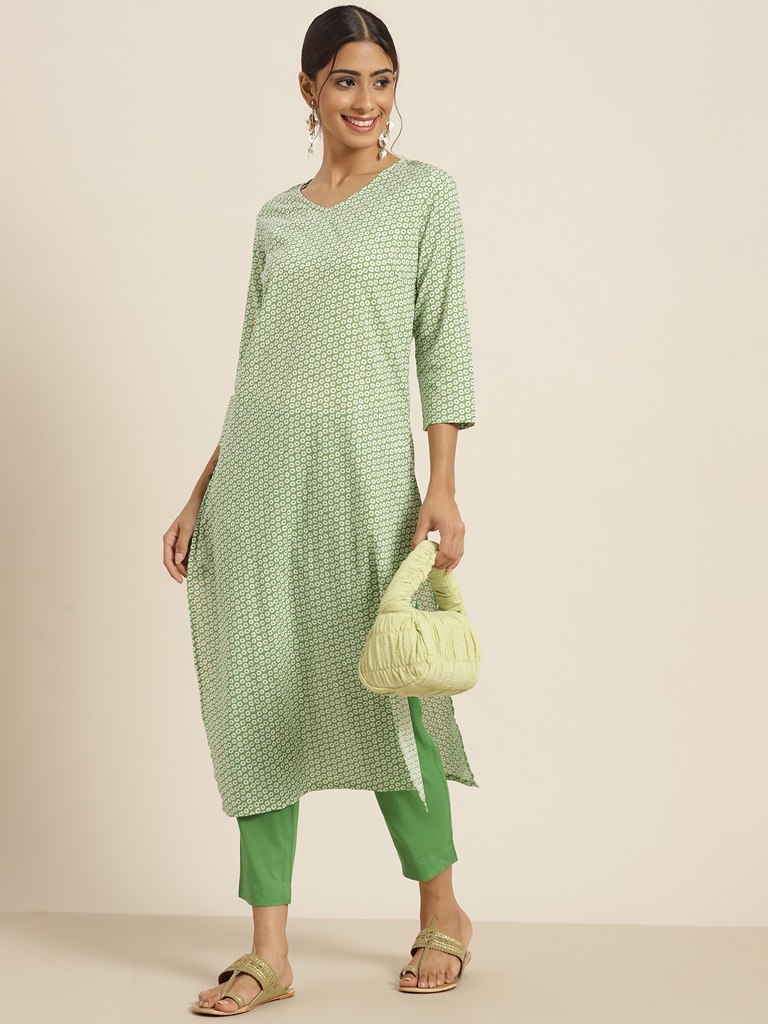 

Sangria Women Green & White Printed Regular Pure Cotton Kurta with Trousers