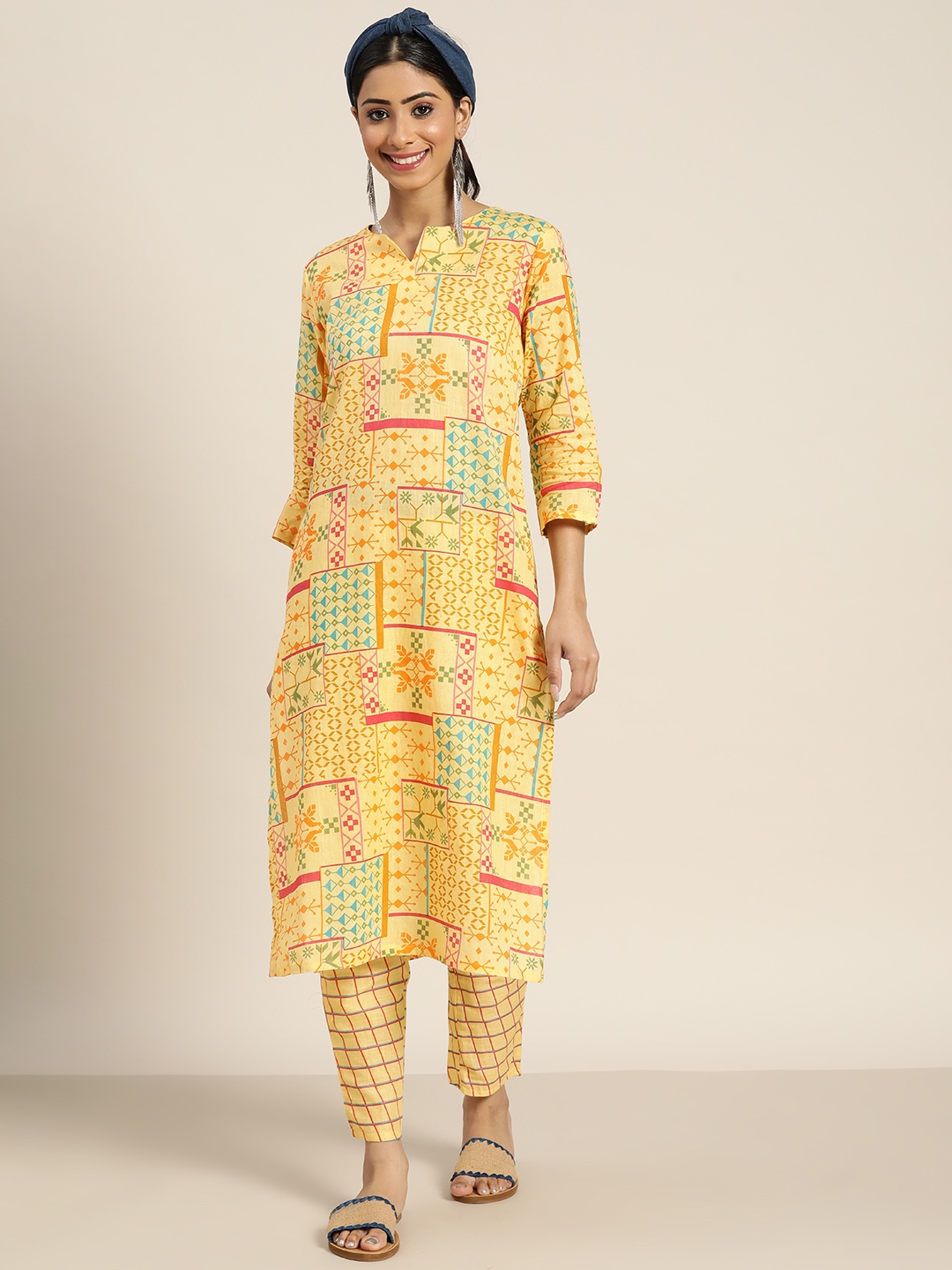 

Sangria Women Yellow & Blue Ethnic Motifs Printed Pure Cotton Kurta with Trousers