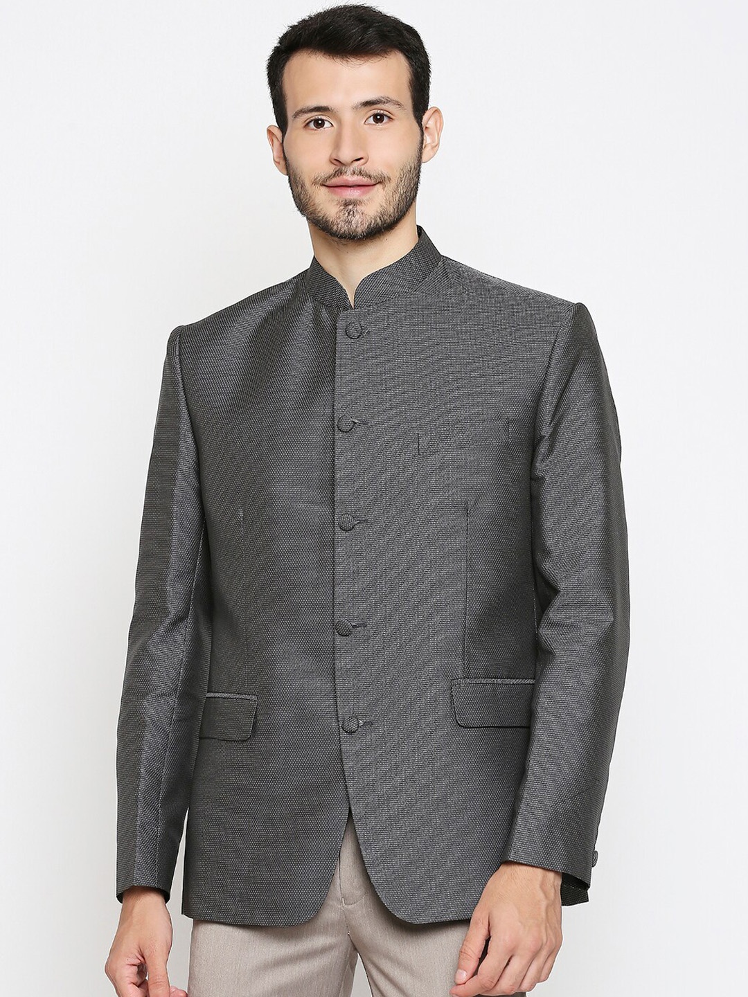 

Blacksmith Men Grey Self-Design Bandhgala Formal Blazer