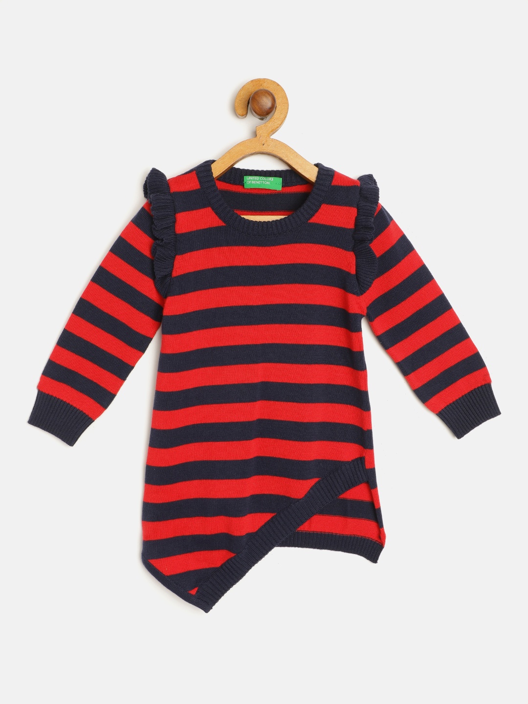 

United Colors of Benetton Girls Navy Blue & Red Pure Cotton Striped Sweater Dress