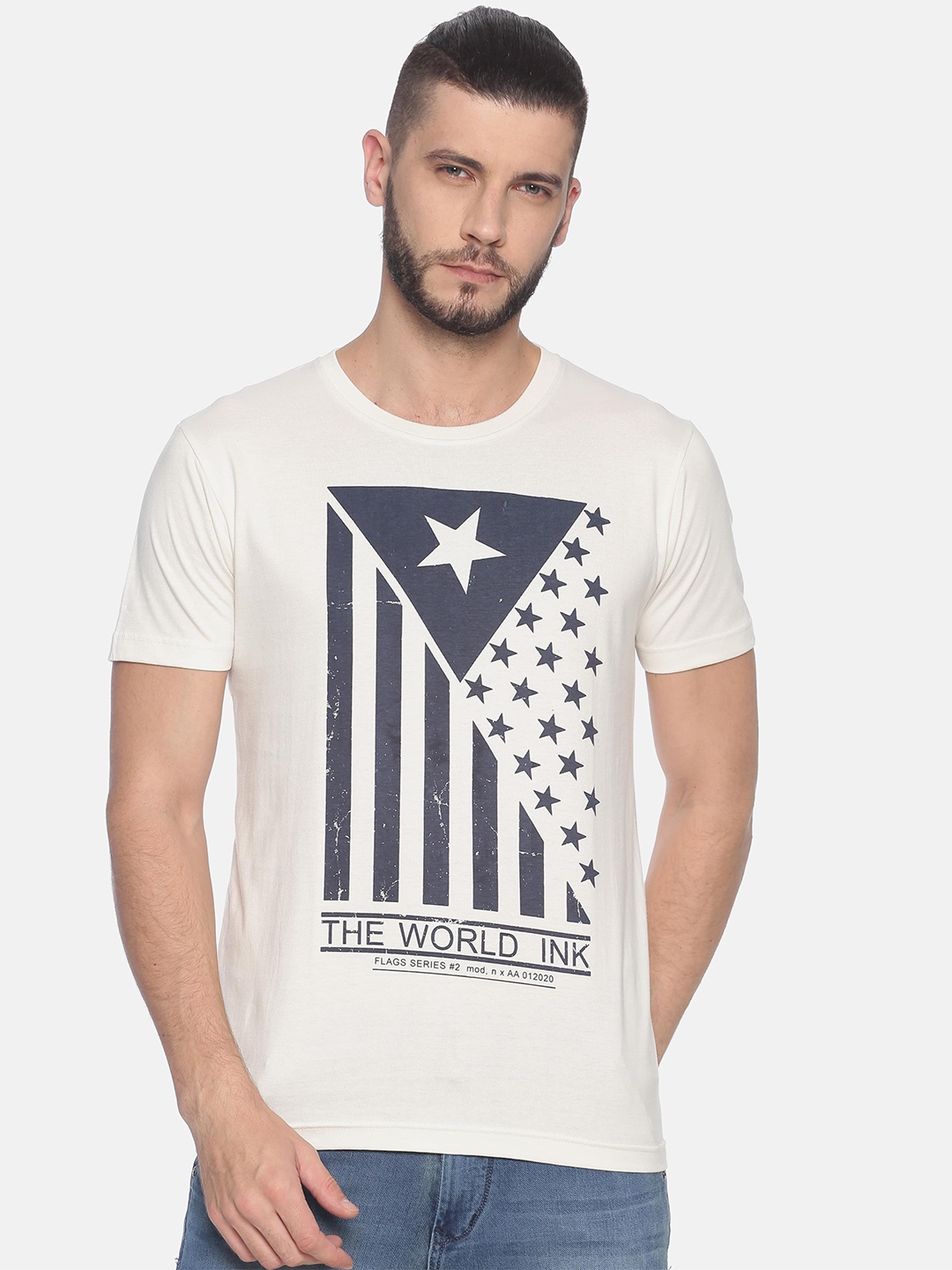 

Kryptic Men Off White Geometric Print Round Neck Regular Cotton T-shirt