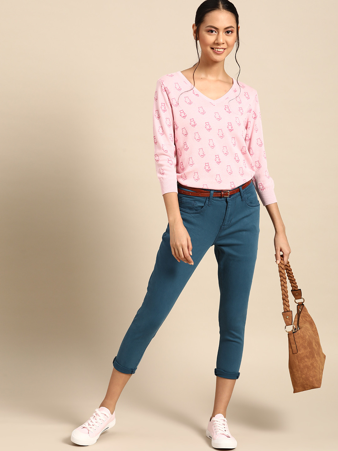 

United Colors of Benetton Women Pink Printed Pure Cotton Pullover Sweater