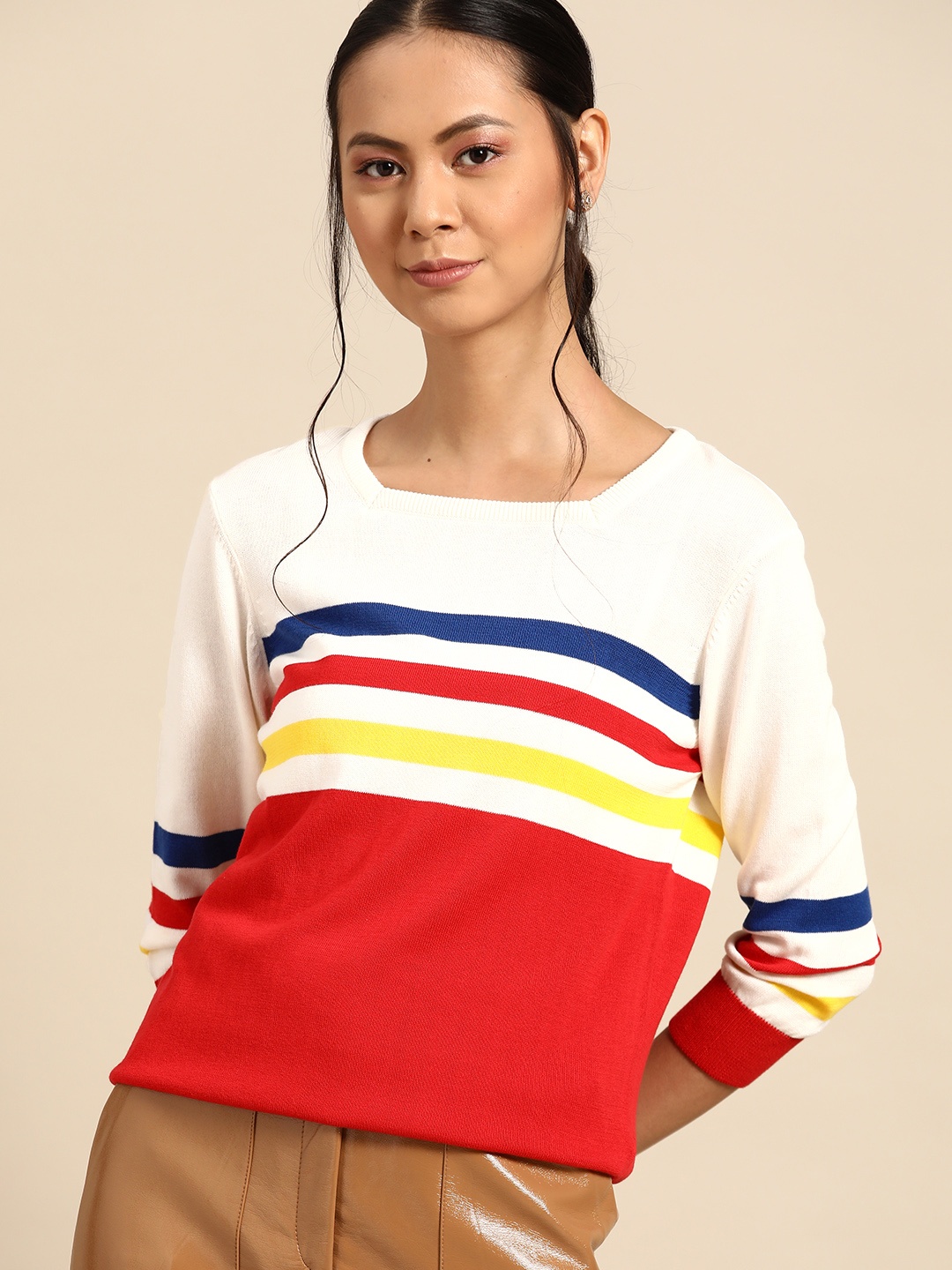

United Colors of Benetton Women Red & Off White Striped Pure Cotton Pullover Sweater