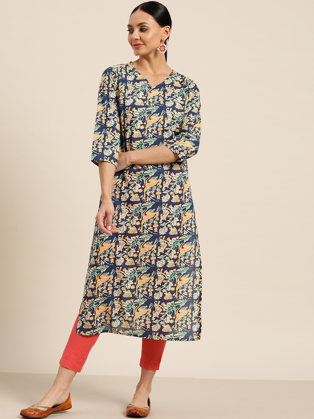 

Sangria Women Blue & Mustard Yellow Pure Cotton Ethnic Motifs Printed Kurta