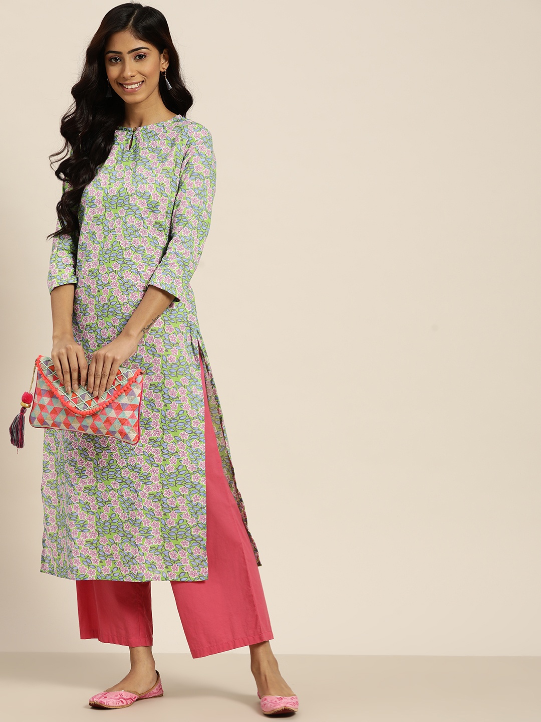 

Sangria Women Green & Pink Floral Printed Cotton Keyhole Neck Floral Kurta