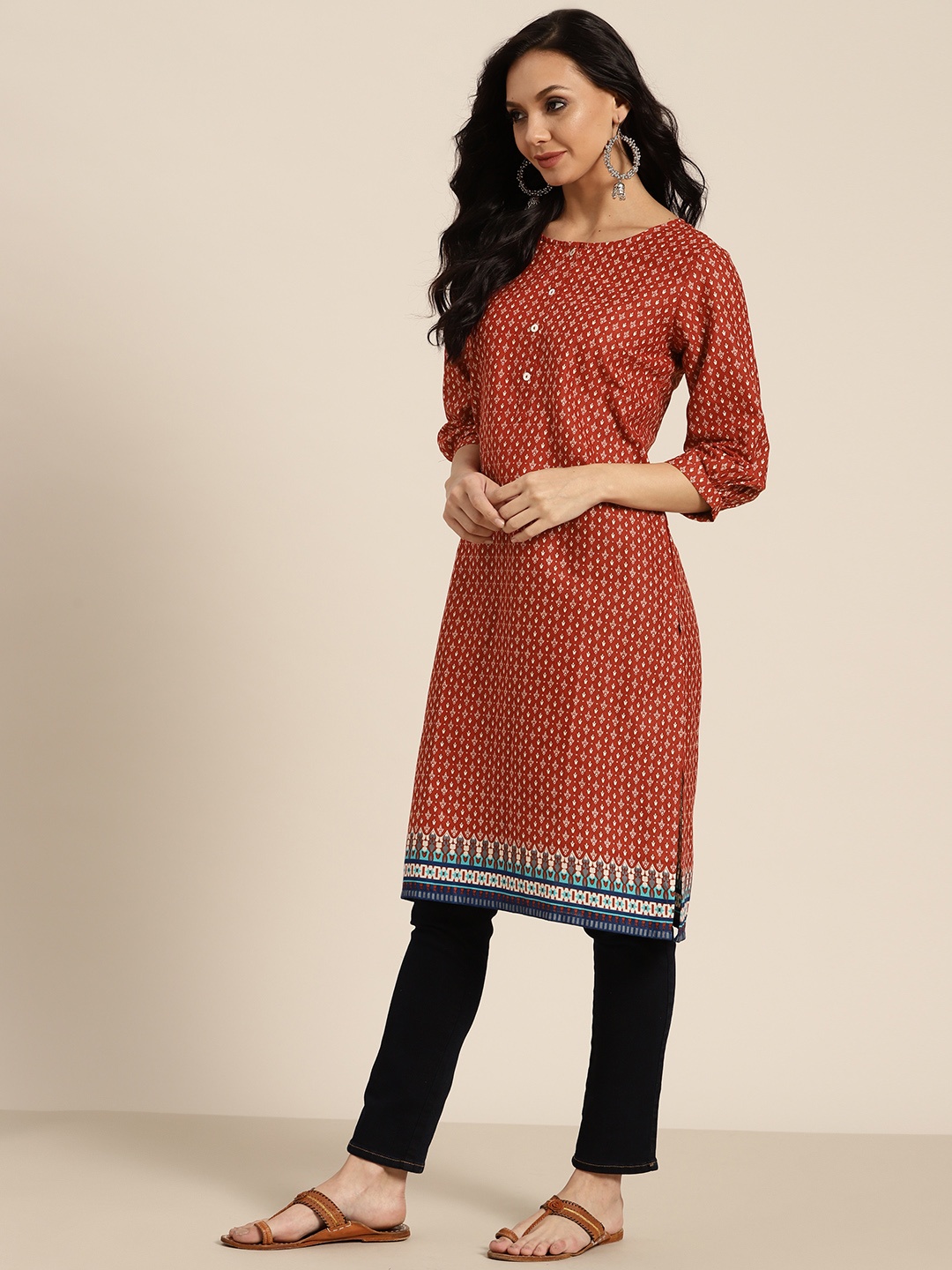 

Sangria Women Rust & Off White Pure Cotton Ethnic Motifs Printed Kurta