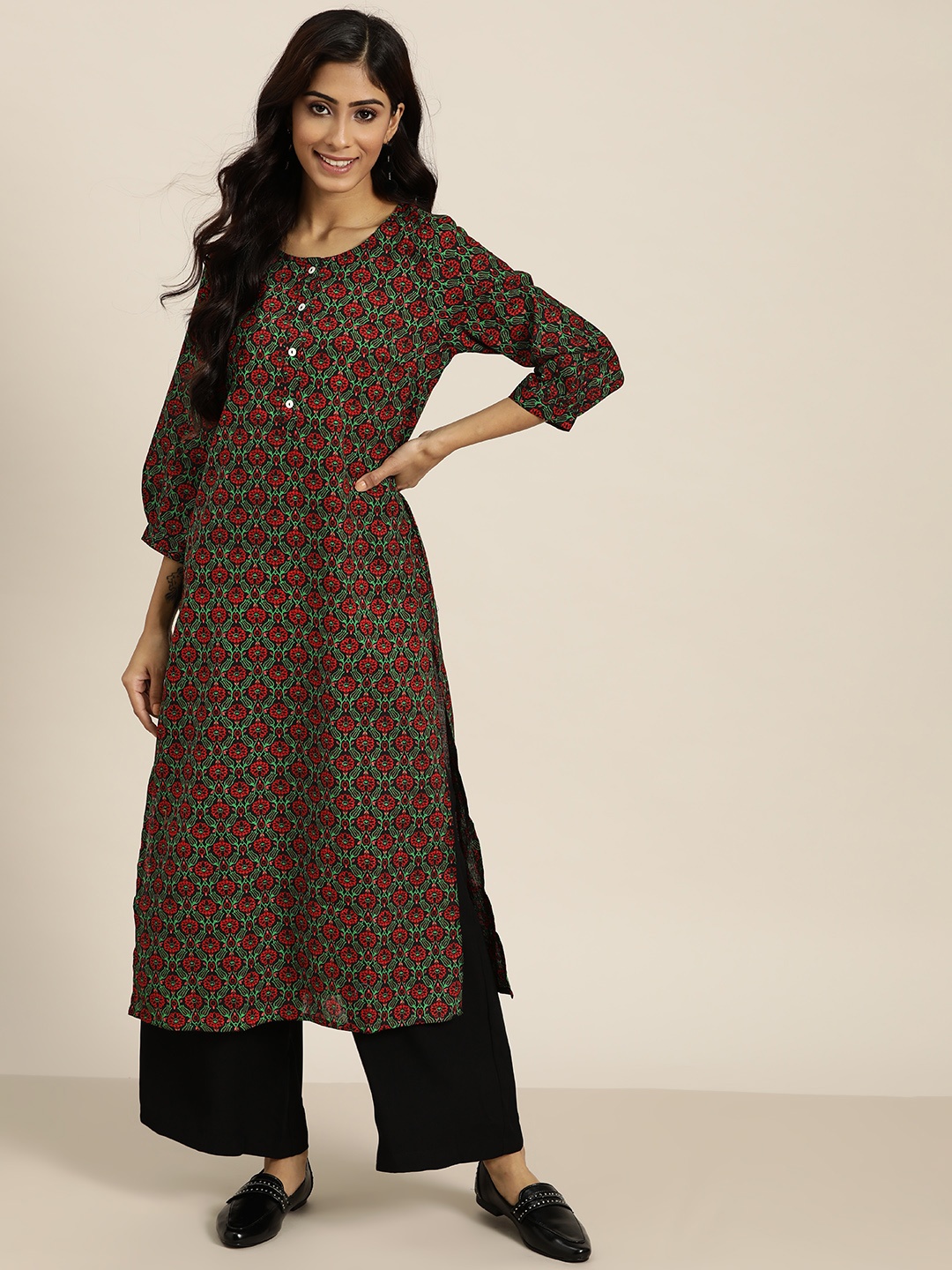 

Sangria Women Black & Red Pure Cotton Ethnic Motifs Print Kurta